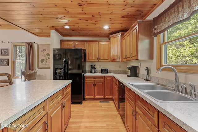 kitchen featuring a sink, black appliances, light countertops, wood ceiling, and light wood-type flooring