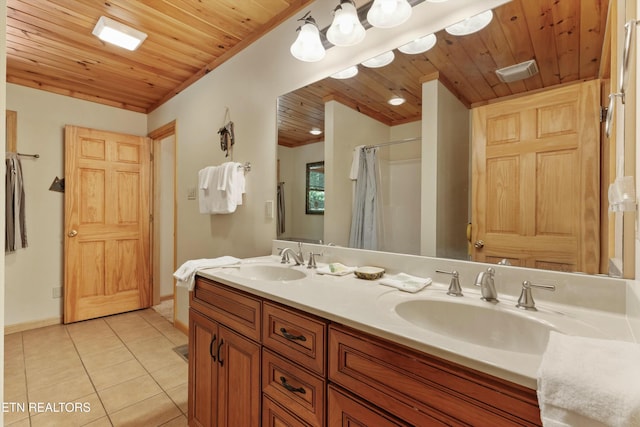 bathroom with tile patterned floors, wood ceiling, visible vents, and a sink