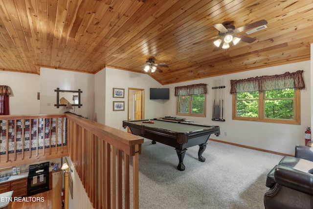 rec room featuring wood ceiling, baseboards, crown molding, and carpet