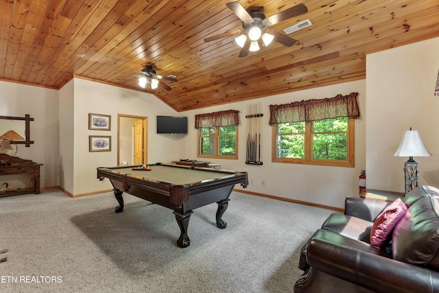 recreation room featuring visible vents, carpet floors, lofted ceiling, and pool table