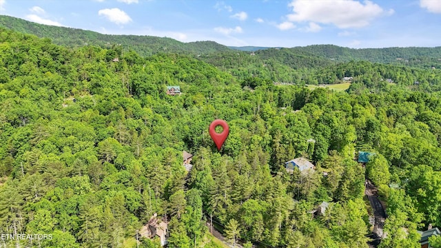 aerial view featuring a mountain view and a wooded view