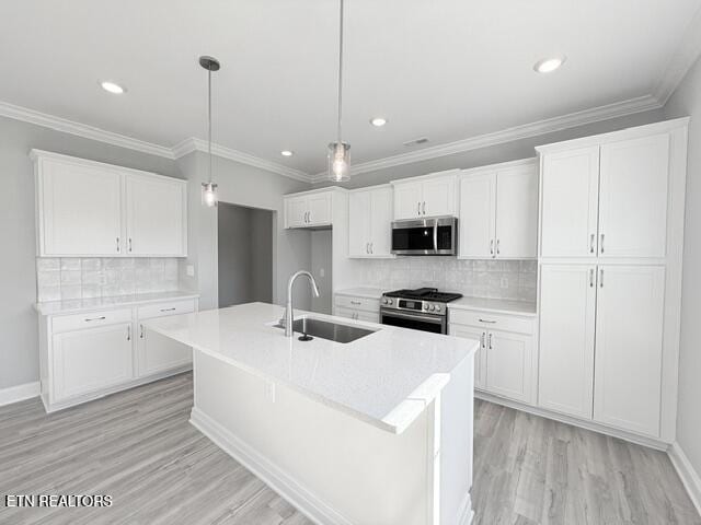 kitchen with a sink, white cabinets, an island with sink, and stainless steel appliances