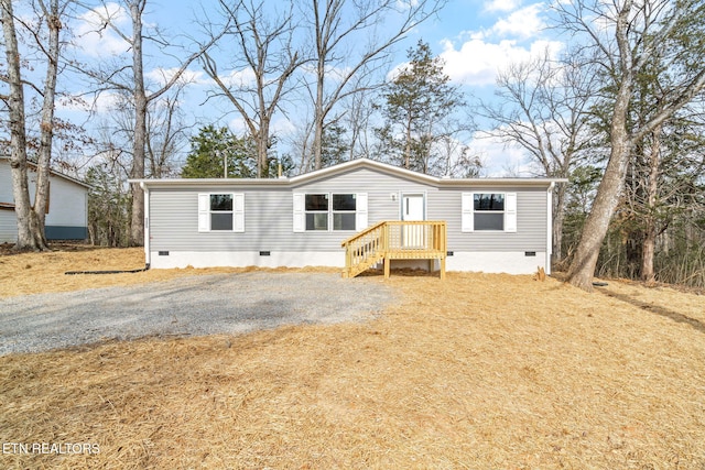 manufactured / mobile home with crawl space and gravel driveway