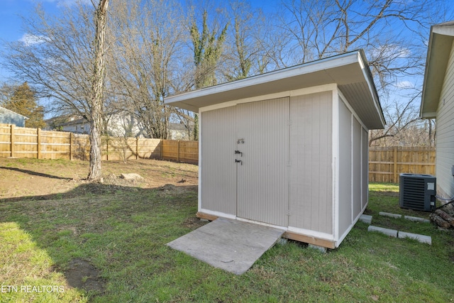 view of shed featuring central AC and a fenced backyard