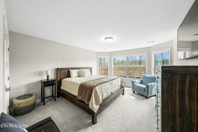 carpeted bedroom featuring baseboards and a textured ceiling