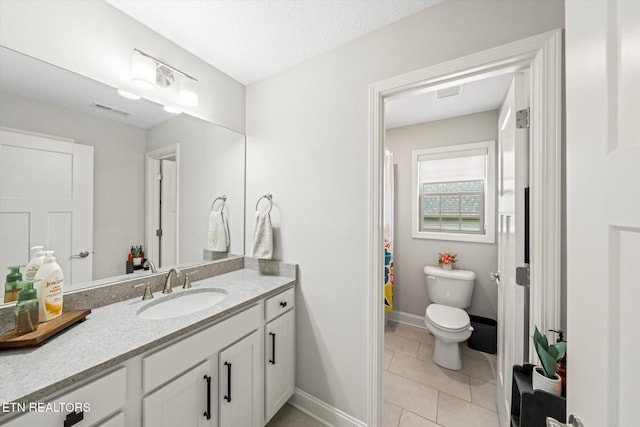 full bath with tile patterned floors, visible vents, toilet, and vanity