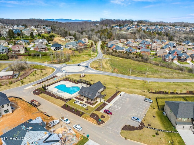 bird's eye view featuring a mountain view and a residential view