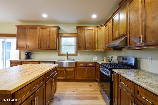 kitchen featuring light wood-style flooring, under cabinet range hood, a sink, appliances with stainless steel finishes, and wooden counters