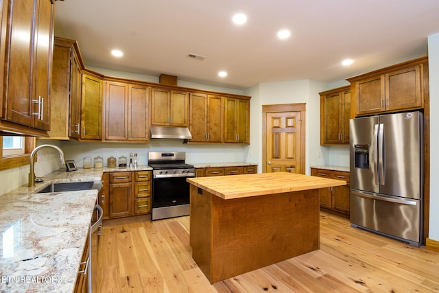 kitchen featuring under cabinet range hood, stainless steel appliances, light wood-style floors, and a sink