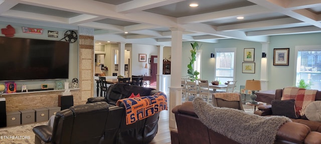 living room with decorative columns, beam ceiling, recessed lighting, wood finished floors, and coffered ceiling