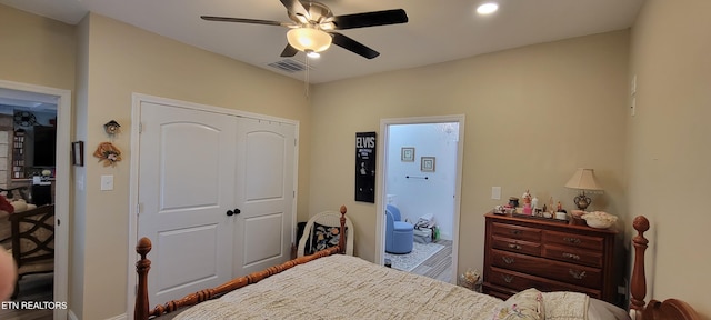 bedroom with recessed lighting, visible vents, a closet, and a ceiling fan