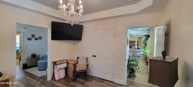 interior space with a chandelier, a tray ceiling, and wood finished floors