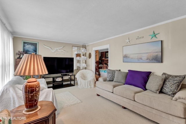 carpeted living room with crown molding