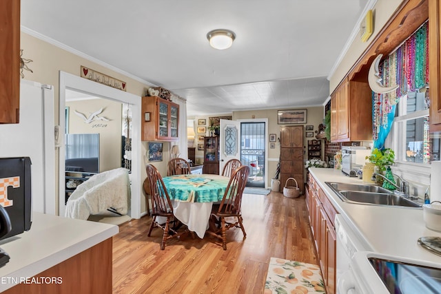 kitchen featuring brown cabinets, light wood-style flooring, ornamental molding, a sink, and light countertops