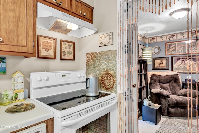 kitchen featuring brown cabinets, under cabinet range hood, white electric range oven, light countertops, and dishwasher