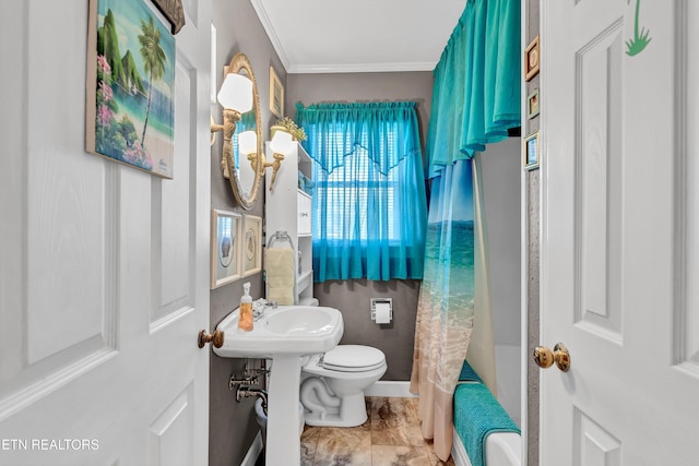 bathroom featuring crown molding, shower / bath combination with curtain, and toilet