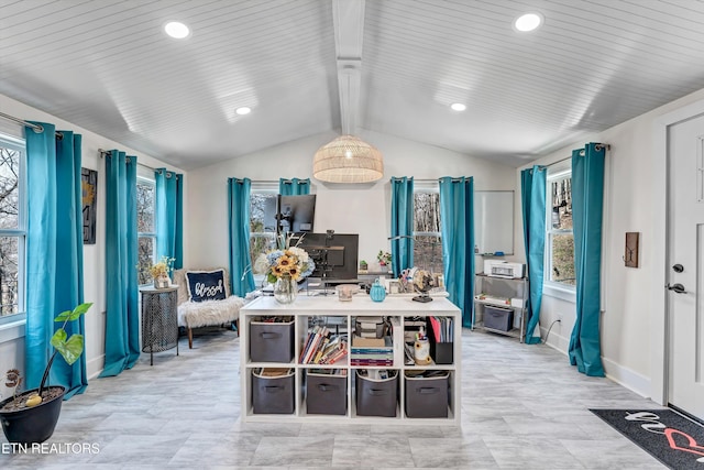 kitchen with lofted ceiling with beams, baseboards, and recessed lighting