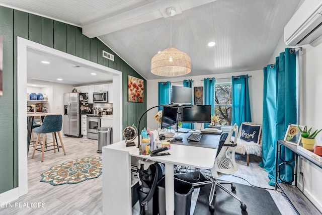 home office featuring a wall mounted air conditioner, light wood-type flooring, visible vents, recessed lighting, and vaulted ceiling with beams