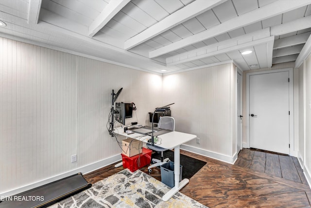 home office featuring beamed ceiling, wood finished floors, and baseboards