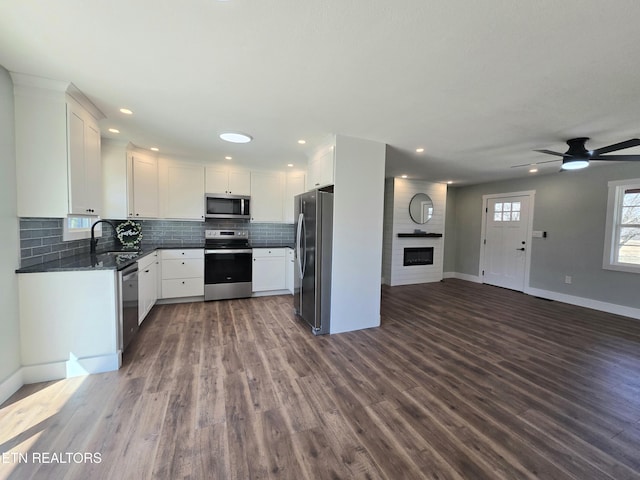 kitchen featuring a sink, tasteful backsplash, open floor plan, stainless steel appliances, and a fireplace