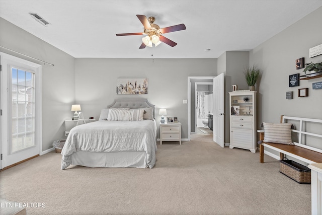 bedroom with ceiling fan, baseboards, visible vents, and light carpet