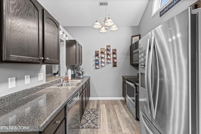 kitchen with dark brown cabinetry, visible vents, stainless steel appliances, and a sink