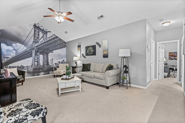 carpeted living room with visible vents, baseboards, high vaulted ceiling, and a ceiling fan