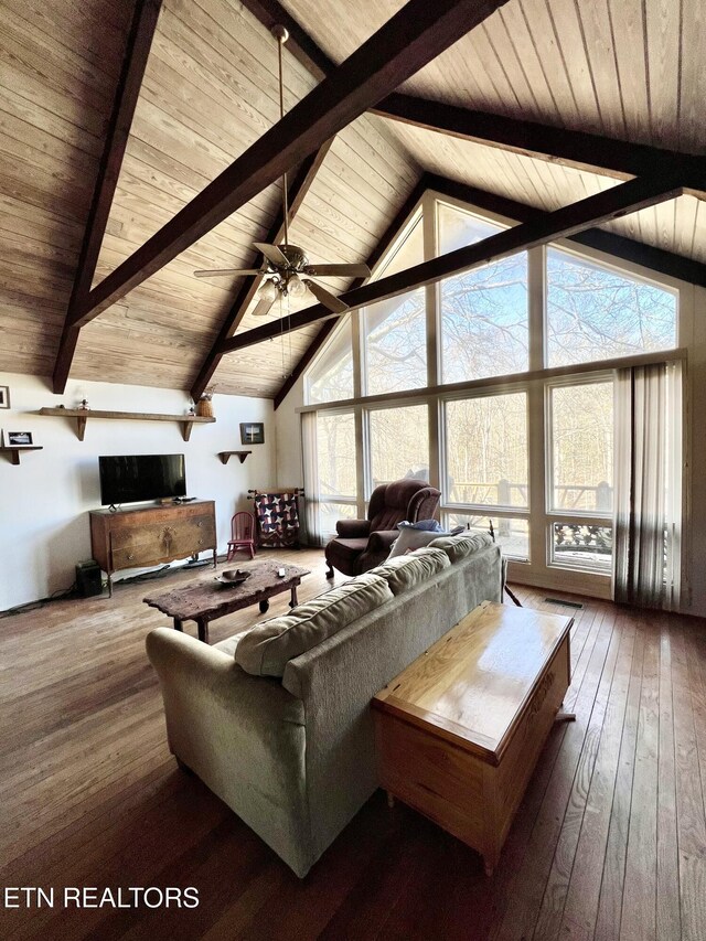 living room featuring ceiling fan, beam ceiling, wooden ceiling, high vaulted ceiling, and wood-type flooring