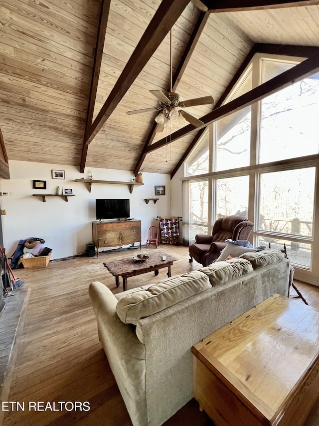 living area with beamed ceiling, wood-type flooring, high vaulted ceiling, and wooden ceiling