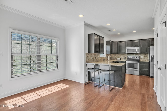 kitchen featuring wood finished floors, a peninsula, stainless steel appliances, crown molding, and tasteful backsplash