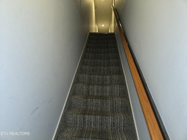 stairway featuring baseboards and carpet flooring