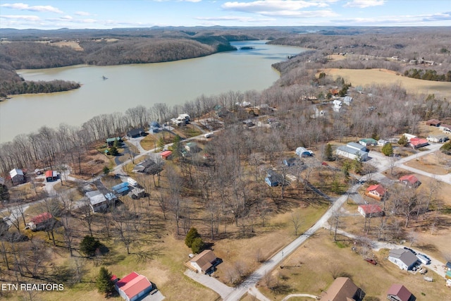 drone / aerial view with a view of trees and a water view