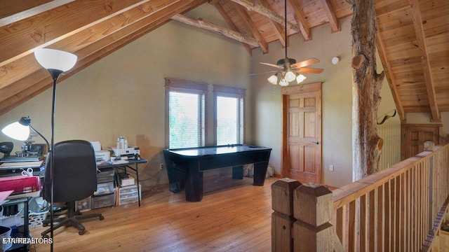 office area with a ceiling fan, wooden ceiling, vaulted ceiling with beams, and hardwood / wood-style flooring