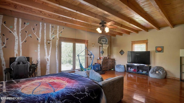 bedroom featuring wooden ceiling, beamed ceiling, and wood finished floors