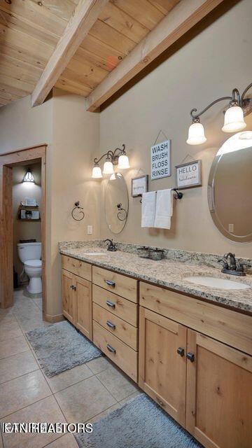 full bath featuring beam ceiling, double vanity, wood ceiling, and a sink