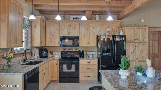 kitchen with a sink, beam ceiling, black appliances, and light brown cabinetry