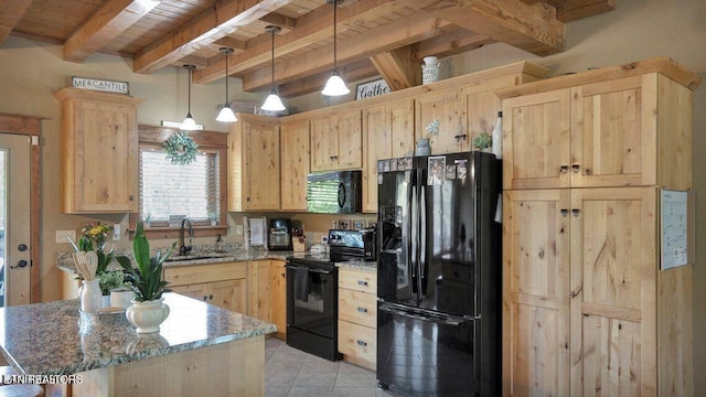 kitchen featuring light tile patterned floors, light brown cabinets, black appliances, and a sink