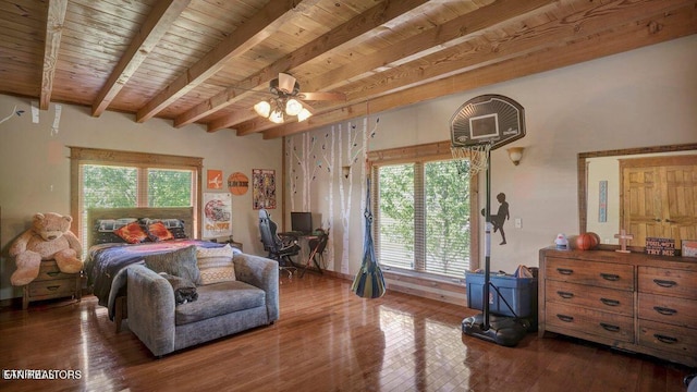 bedroom with beamed ceiling, wood ceiling, and wood-type flooring