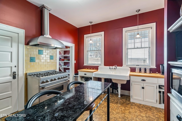 kitchen featuring decorative light fixtures, decorative backsplash, high end stainless steel range oven, island range hood, and white cabinets