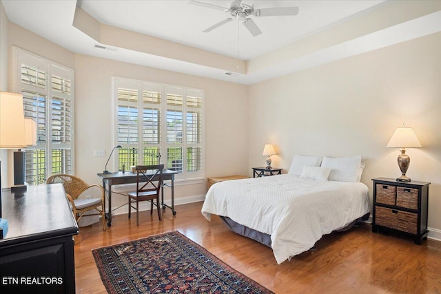 bedroom with multiple windows, a raised ceiling, and wood finished floors