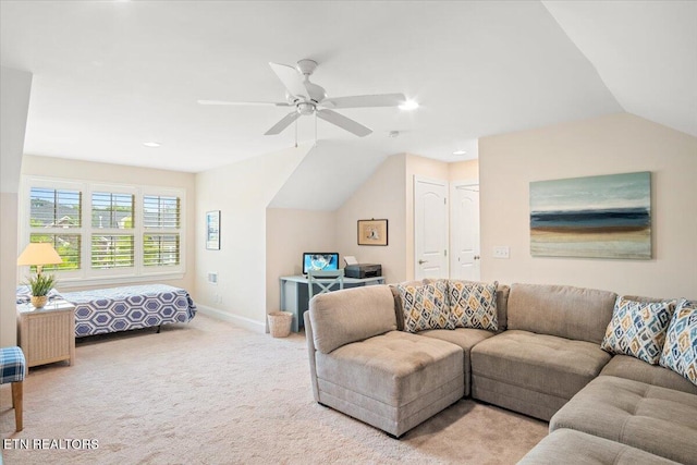 living room with a ceiling fan, baseboards, lofted ceiling, recessed lighting, and carpet flooring