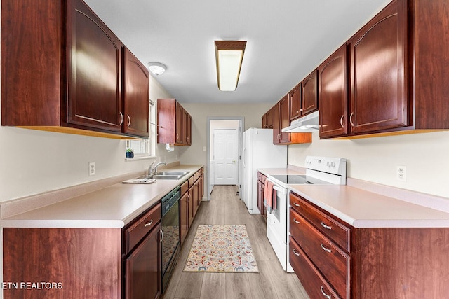 kitchen featuring electric range, under cabinet range hood, a sink, black dishwasher, and light wood-style floors