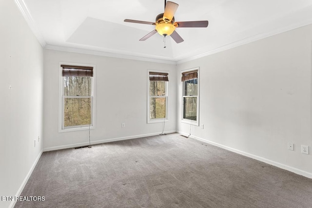 spare room with baseboards, a raised ceiling, carpet floors, and crown molding