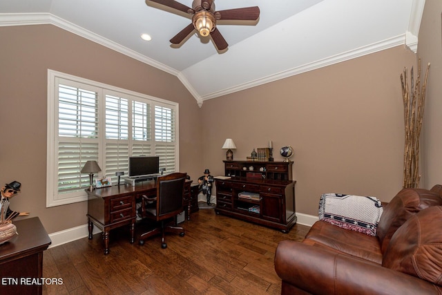 office area with baseboards, crown molding, lofted ceiling, and wood finished floors