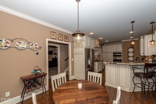 dining area featuring baseboards, dark wood-style floors, stairs, and ornamental molding