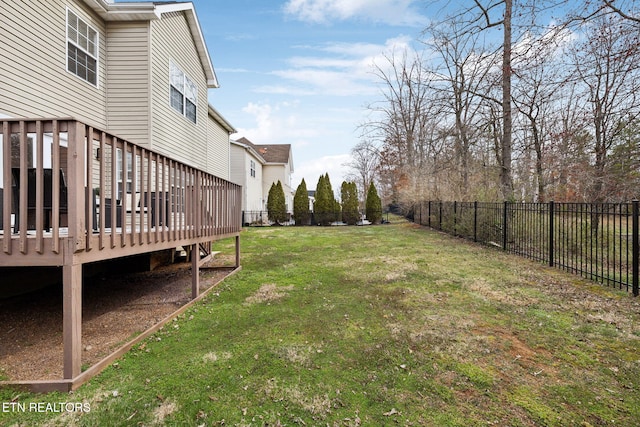 view of yard featuring a wooden deck and a fenced backyard