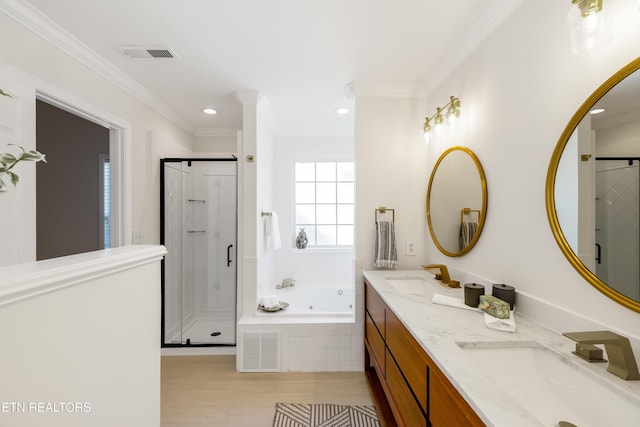 bathroom with ornamental molding, visible vents, and a sink