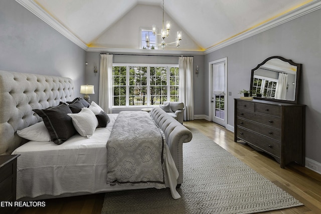 bedroom with baseboards, light wood-style flooring, a notable chandelier, high vaulted ceiling, and access to outside