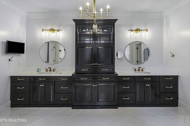 full bath featuring a sink, double vanity, and crown molding