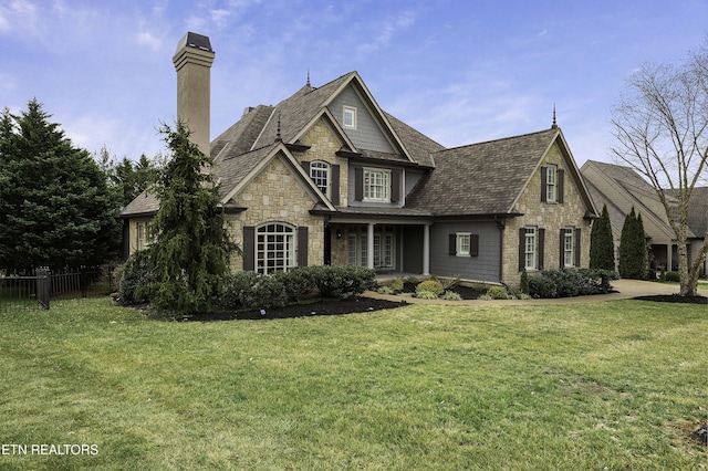 view of front of home with a front lawn, fence, stone siding, and a chimney